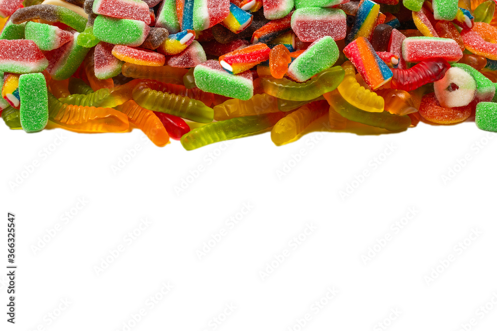 Assorted gummy candies. Top view. Jelly  sweets background.