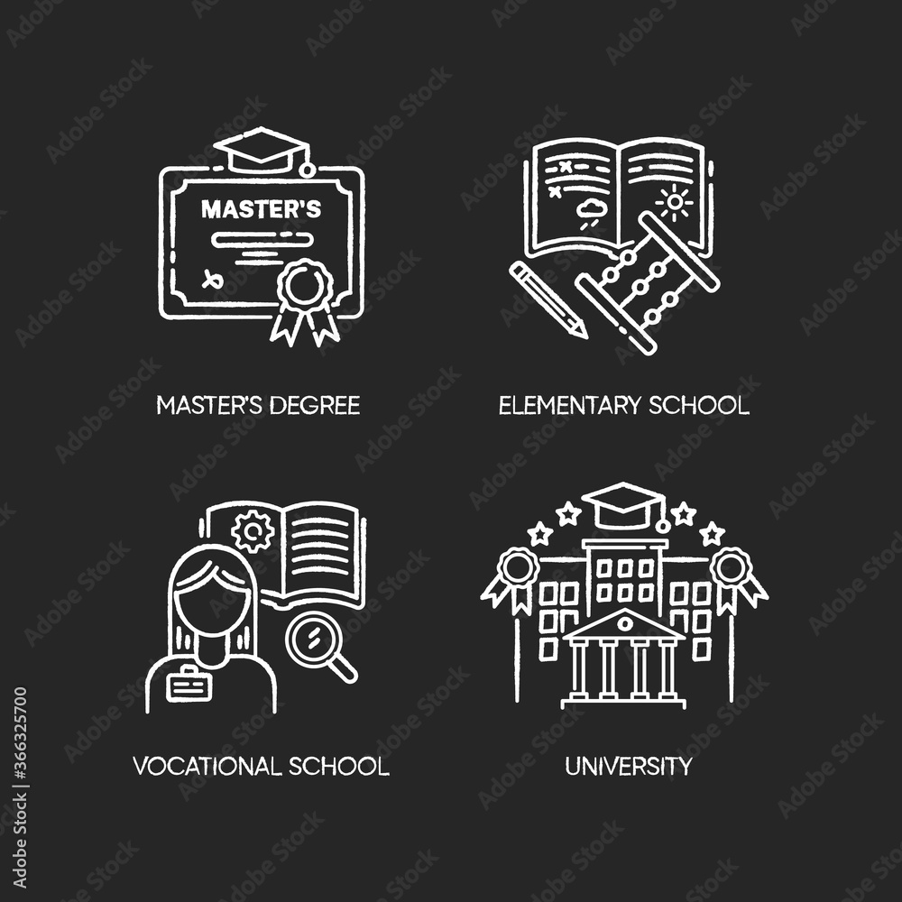 Primary and higher education chalk white icons set on black background. Masters degree, elementary school, university and vocational school. Isolated vector chalkboard illustrations