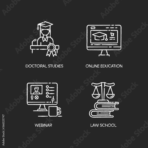 Modern higher education chalk white icons set on black background. Doctoral studies, law school, online training courses and webinars. Diploma obtaining. Isolated vector chalkboard illustrations