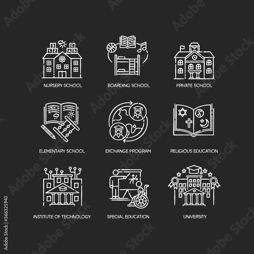 Academic education chalk white icons set on black background. Public and private school services. Inclusive education and student exchange programs. Isolated vector chalkboard illustrations