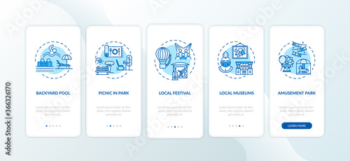 Holistay ideas onboarding mobile app page screen with concepts. Backyard pool. Amusement park. Walkthrough 5 steps graphic instructions. UI vector template with RGB color illustrations