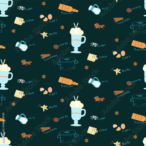 Pattern - Eggnog Ingredient Recipe for a hot Christmas drink - hand made drawings and lettering - vector. Healthy eating