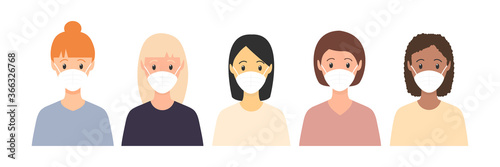 Multicultural women standing together. People wearing face masks, air pollution, contaminated air, world pollution. Modern flat vector illustration. Coronavirus concept isolated on white. 