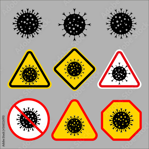 Set of quarantine icons with coronavirus. Crown virus warning sign logo concept isolated on gray background. COVID 19. Illustration of a dangerous virus icon. Vector