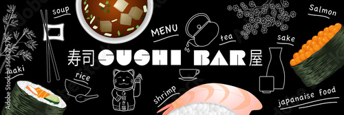 Affiche ou bannière pour un restaurant japonais sur un fond de tableau noir - traduction : sushi bar.