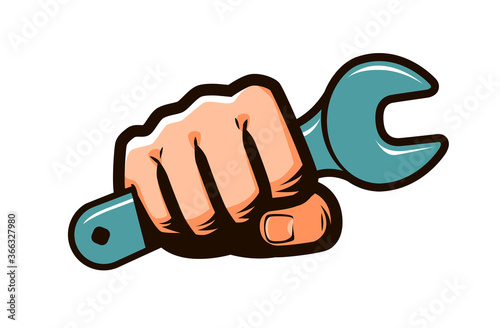 Wrench in hand symbol. Repair, maintenance, construction concept photo