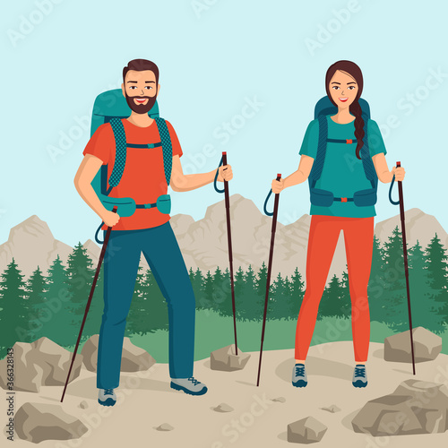 Young happy family tourists with a backpack stands on a background of forest and mountains.The concept of healthy outdoor  activities. Trekking, hiking, backpacking. Cartoon vector illustration.