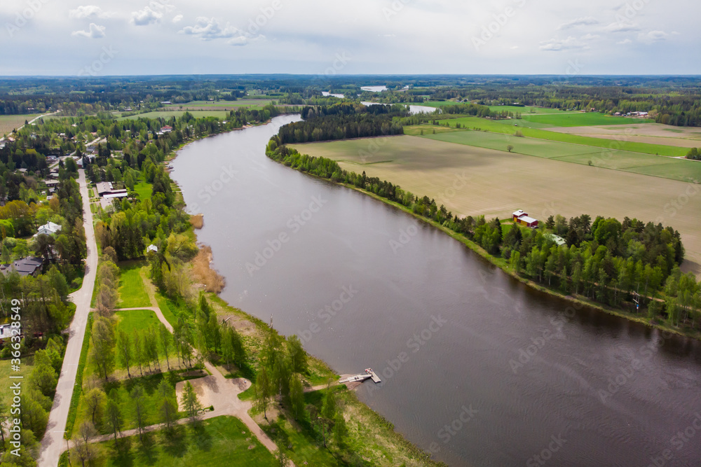 Obraz premium Aerial panoramic view of city Inkeroinen at river Kymijoki, Finland.