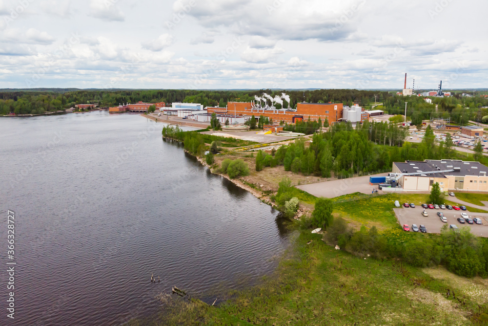 Aerial panoramic view of city Inkeroinen at river Kymijoki, Finland.
