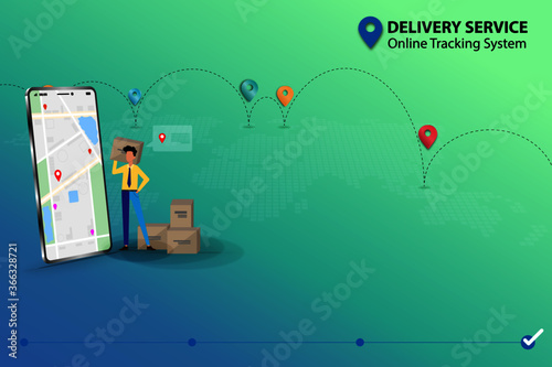 Concept of delivery service, businessman is preparing the shipment and standing in front of smartphone that the display contain map and GPS to deliver the goods to the customers on time.
