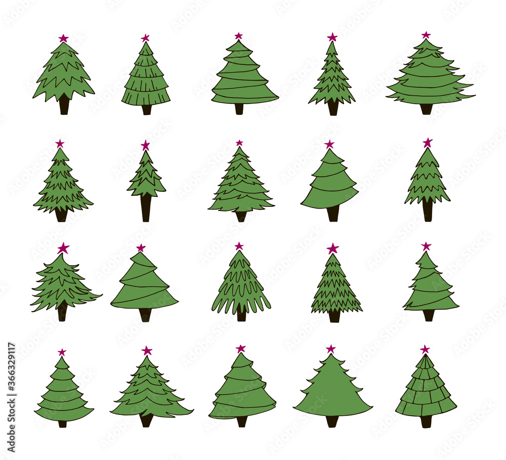 Set of hand drawn green Christmas trees. Contour drawing. Set of hand drawn green Christmas trees. Contour drawing.