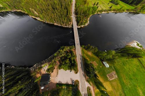 Aerial panoramic view of rapid Susikoski at river Kymijoki, Finland. photo