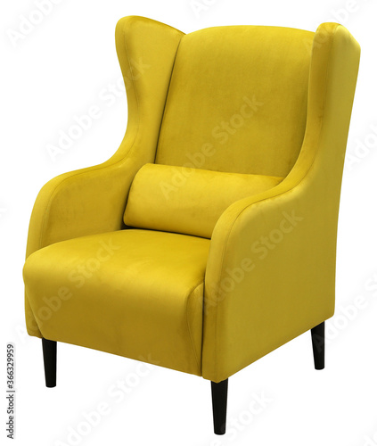 Armchair isolated on white background. Bright yellow armchair. View 2. Including clipping path
