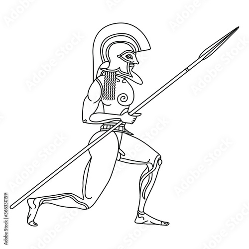 Ancient Greek warrior in helmet with spear. Black and white linear silhouette.