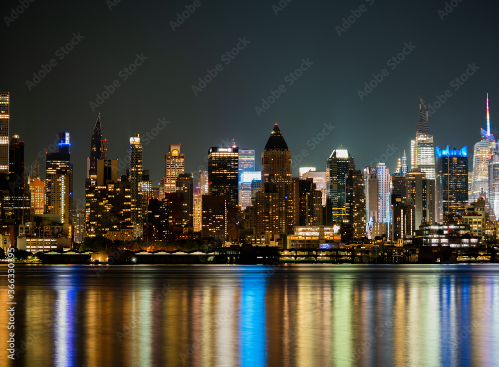 New York City View at Night with water reflection