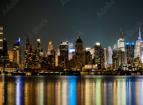 New York City View at Night with water reflection