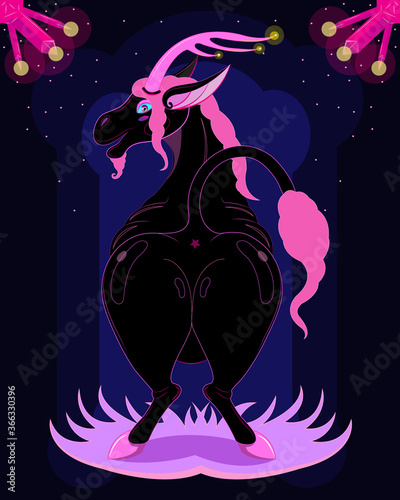 Black crystal unicorn lives in a cave with crystals