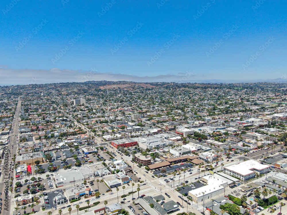 Aerial view of Pacific Beach Downtown during blue summer day. San Diego, California 