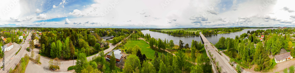 Aerial panoramic view of city Inkeroinen at river Kymijoki, Finland.