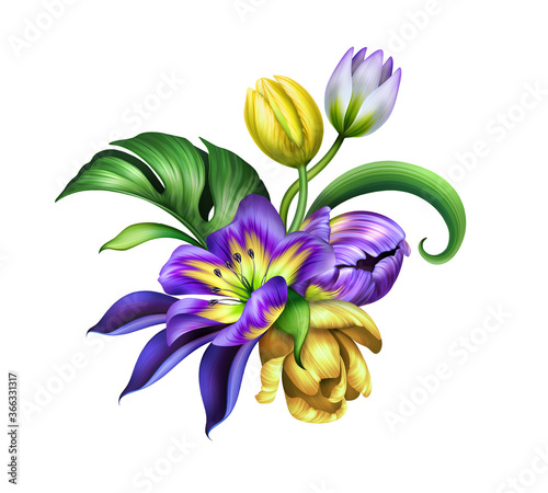 Fototapeta Naklejka Na Ścianę i Meble -  digital illustration, botanical arrangement, violet and yellow tropical flowers and green leaves, colorful bouquet, floral clip art isolated on white background