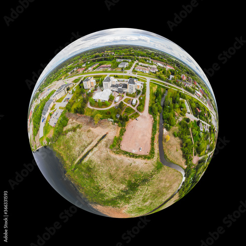 A three dimensional aerial panoramic view of city Inkeroinen at river Kymijoki, Finland. photo