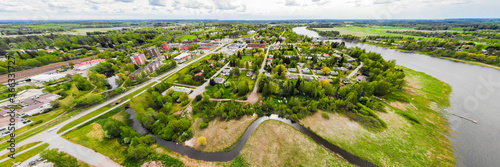 Aerial panoramic view of city Inkeroinen at river Kymijoki  Finland.