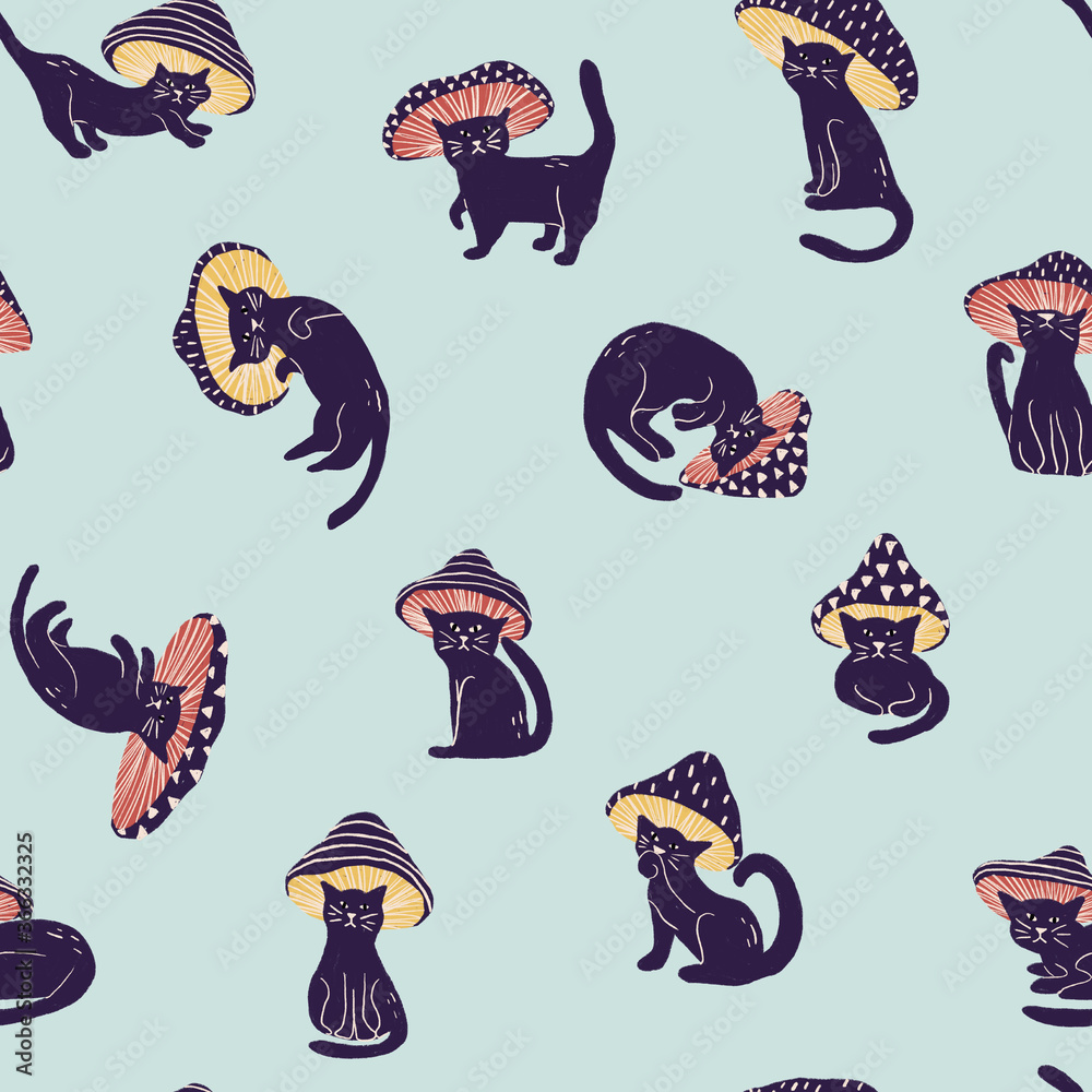 Obraz premium Black cat in mushroom costume seamless pattern on cyan background in childish style. Texture for kids fabric, wrapping, textile, wallpaper, apparel. 