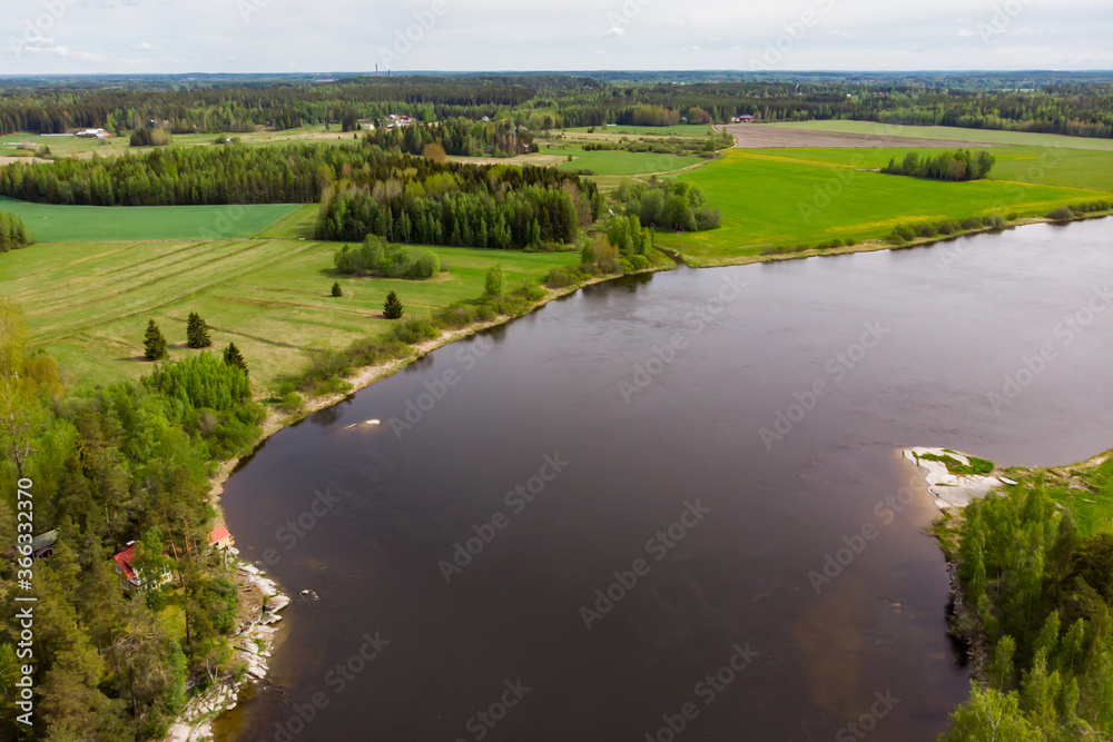 Aerial panoramic view of rapid Susikoski at river Kymijoki, Finland. Aerial panoramic view of rapid Susikoski at river Kymijoki, Finland.