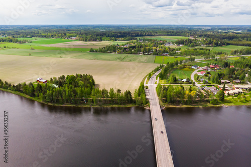 Aerial panoramic view of bridge in city Inkeroinen at river Kymijoki, Finland.