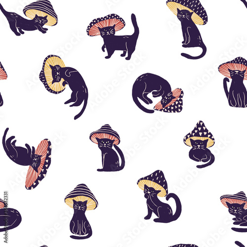 Fototapeta Naklejka Na Ścianę i Meble -  Black cat in mushroom costume seamless pattern on white background in childish style. Texture for kids fabric, wrapping, textile, wallpaper, apparel. 