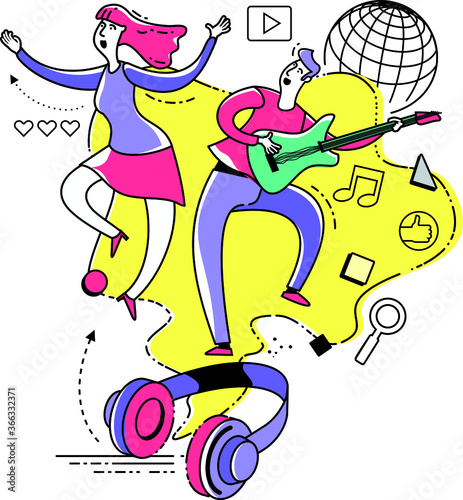 Flat illustration design for presentation, web, landing page, infographics: cartoon characters man and woman dancing and singing. Headphones with music on the Internet.