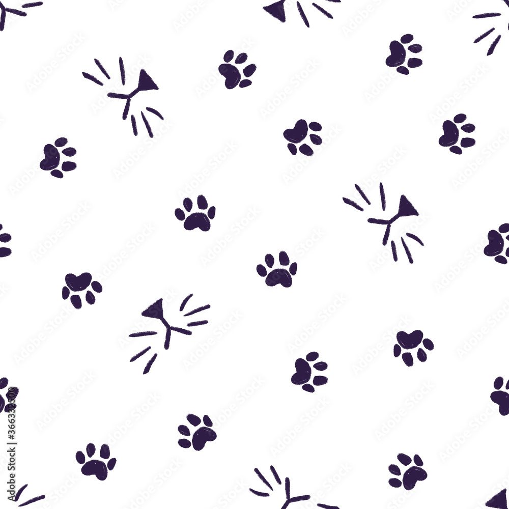 Cat paw footprint and whiskers seamless pattern on white background in childish style. Texture for kids fabric, wrapping, textile, wallpaper, apparel. 