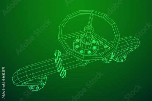 Oil pipeline with valve business concept. Finance economy polygonal petrol production. Petroleum fuel industry transportation line. Wireframe low poly mesh vector illustration.