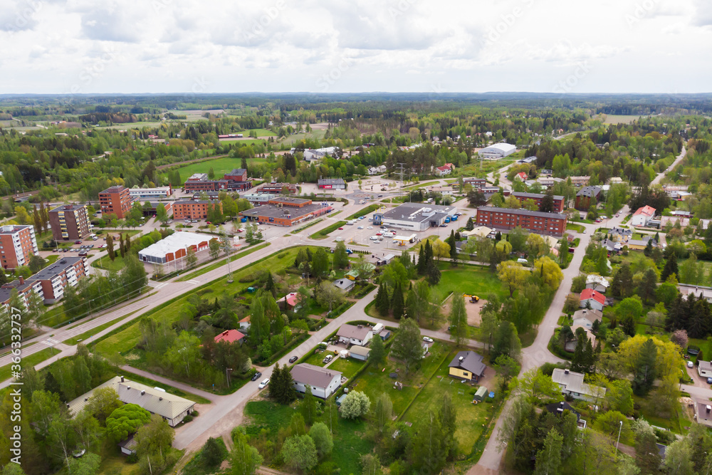 Aerial panoramic view of city Inkeroinen in Finland.