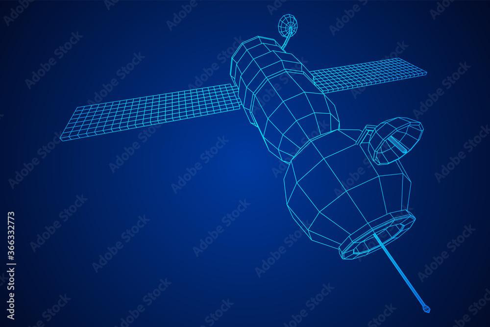 Space station communications satellite. Wireframe low poly mesh vector illustration.