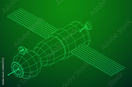 Space station communications satellite. Wireframe low poly mesh vector illustration.