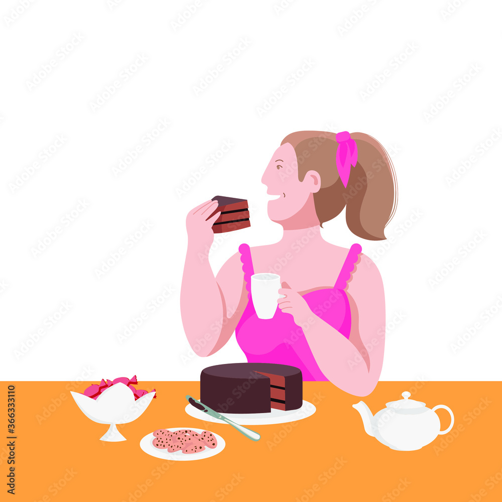 llustration of a curvy caucasian woman eating a cake. Joyful girl eating chocolate delicious cake. Pleasure, sweets, desserts. Simple style modern vector illustration. llustration of a curvy caucasian woman eating a cake. Joyful girl eating chocolate delicious cake. Pleasure, sweets, desserts. Simple style modern vector illustration.