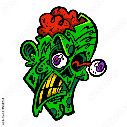 Gross angry zombie head with exposed brains and loose eyeball - cartoon illustration