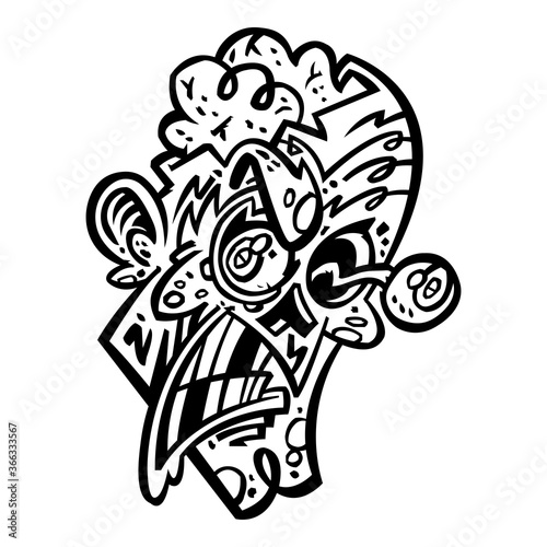 Gross angry zombie head with exposed brains and loose eyeball - cartoon illustration