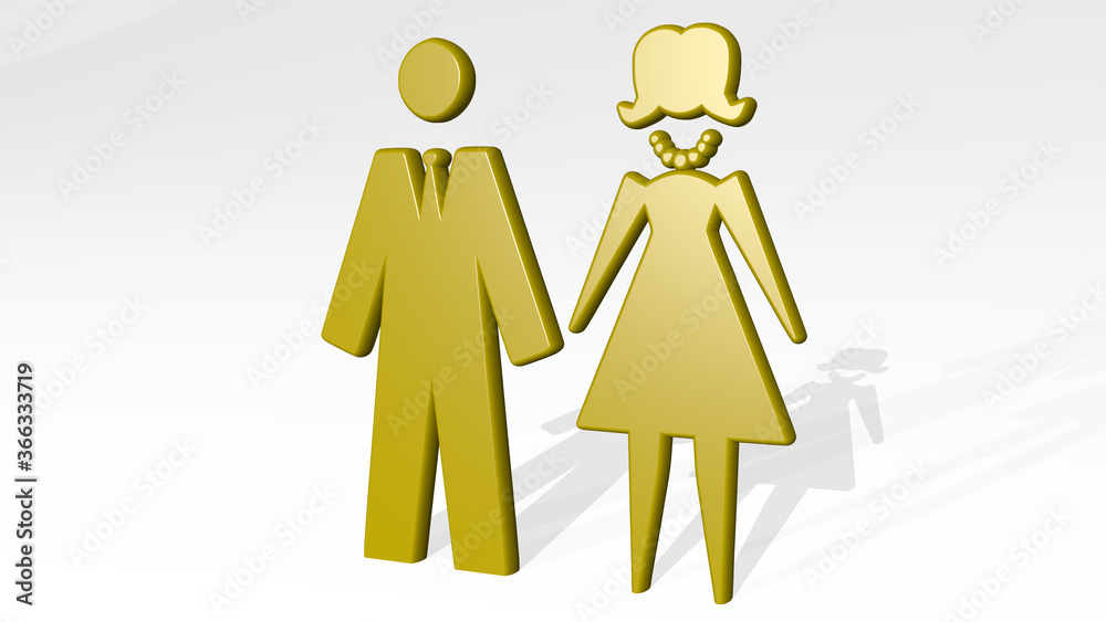 man and woman in style from a perspective with the shadow. A thick sculpture made of metallic materials of 3D rendering. beautiful and young