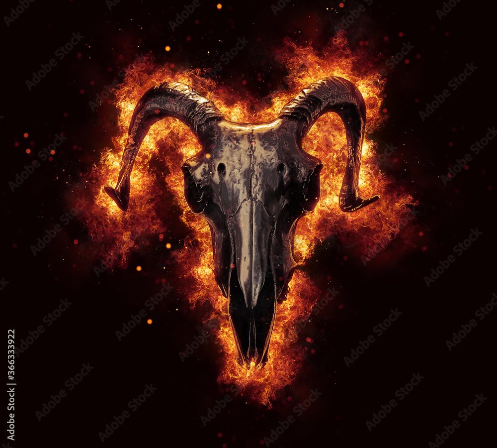 Dark ram skull engulfed in flames and fire foto de Stock | Adobe Stock