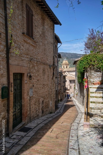 narrow street in the old town of Spello  Umbria  Italy