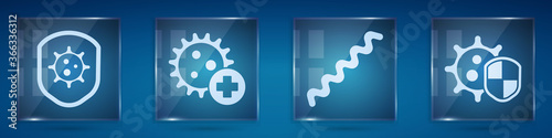 Set Shield protecting from virus, Positive virus, Virus and Shield protecting from virus. Square glass panels. Vector.