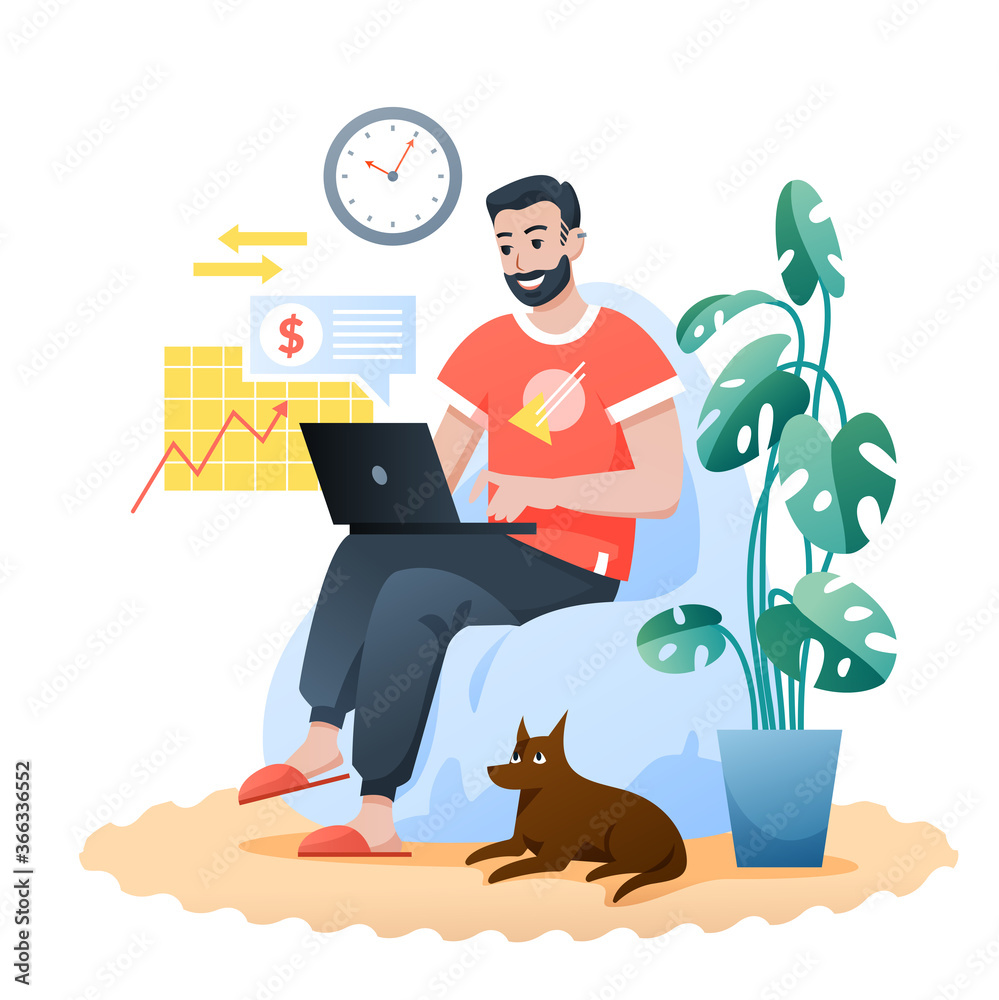 Freelance home work flat vector illustration. Cartoon bearded happy hipster sitting in modern comfortable armchair, man freelancer character working with laptop. Remote job at home isolated on white