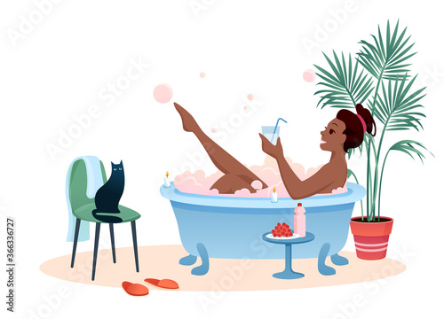 Enjoy bath time flat vector illustration. Cartoon young african woman character enjoying relaxing bubble foam bath drinking cocktail in bathroom isolated on white