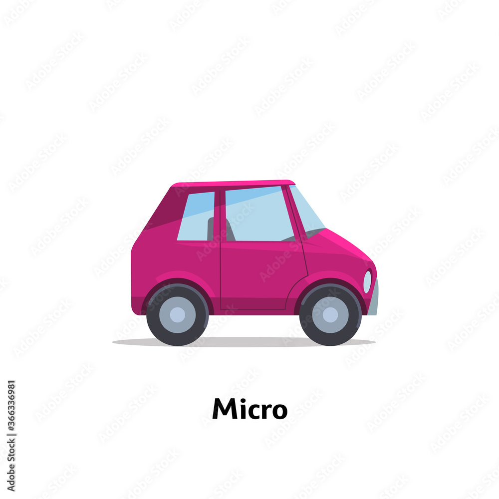 Sedan car micro side view. Vector stock flat illustration. Micro car side view. Vector stock flat illustration. Raspberry cartoon, toy car. Simplified style for design and animation.