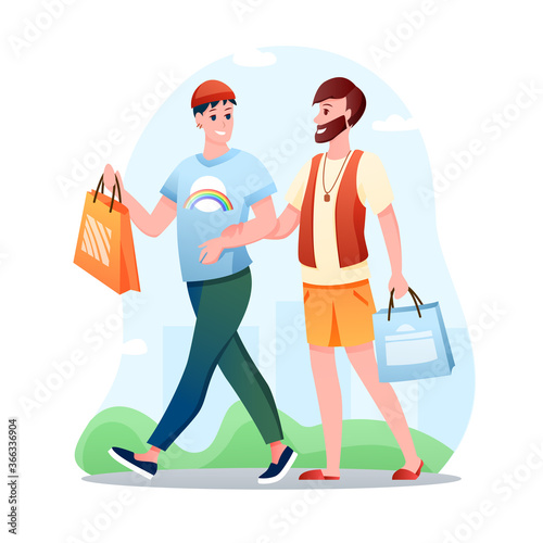 Gay couple LGBT love vector illustration. Cartoon flat happy man partner characters walking, homosexual lovers spend time together. Love, gay LGBT relationship, homosexuality concept isolated on white
