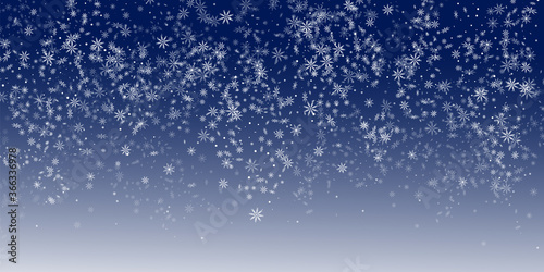 Snowflakes. Christmas snow, snowfall. Falling snowflakes on a blue background. White snowflakes fly in the air. Vector illustration