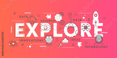 Explore word abstract thin line vector illustration. Flat lineart horizontal infographic banner design with innovation science symbols, scientific exploring lab equipment, idea development concept