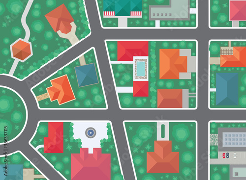 Residential buildings from above, top view of  town roads and crossroads, neighbourhood houses from above illustration